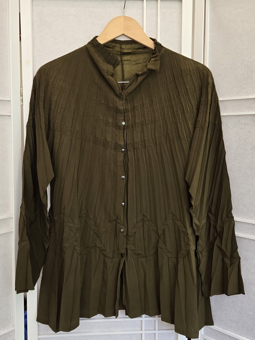 Olive Green Pleated Button-Front Women's Top
